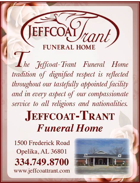 Jeffcoat-trant funeral home obituaries - Dec 7, 2023 · Funeral Homes With Published Obituaries. Find compassionate support for your end-of-life planning needs. ... Jeffcoat-Trant Funeral Home. View All Local Funeral Homes. Helpful Resources 